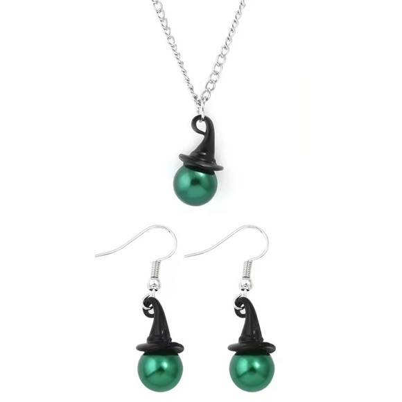 Wicked Witch Of The West Green Faux Pearl rNecklace & Earrings Set Silver Tone - Picture 3 of 12
